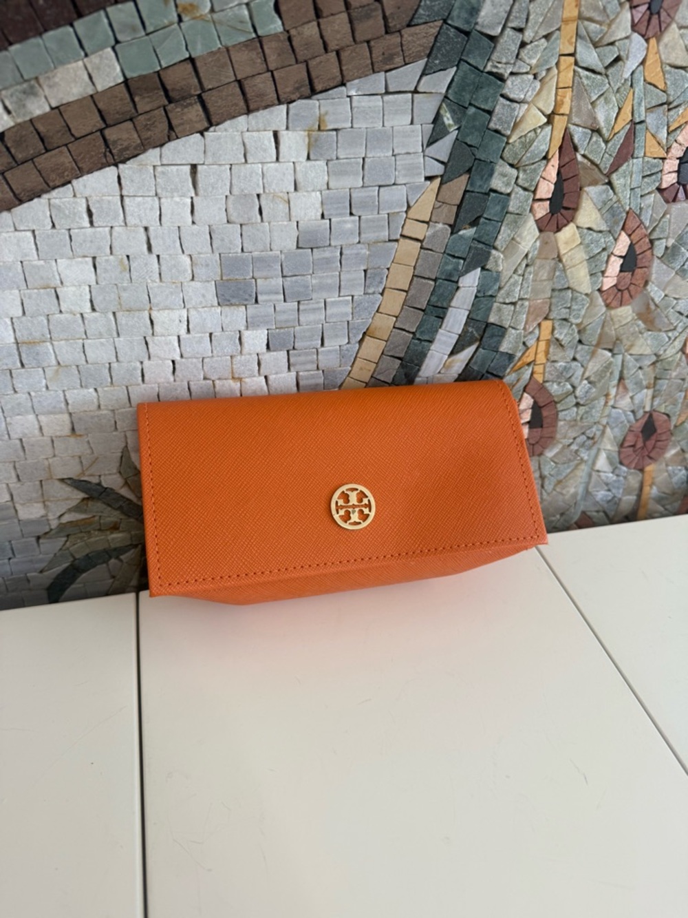 Tory Burch Orange Leather Fold-Over Sunglasses case